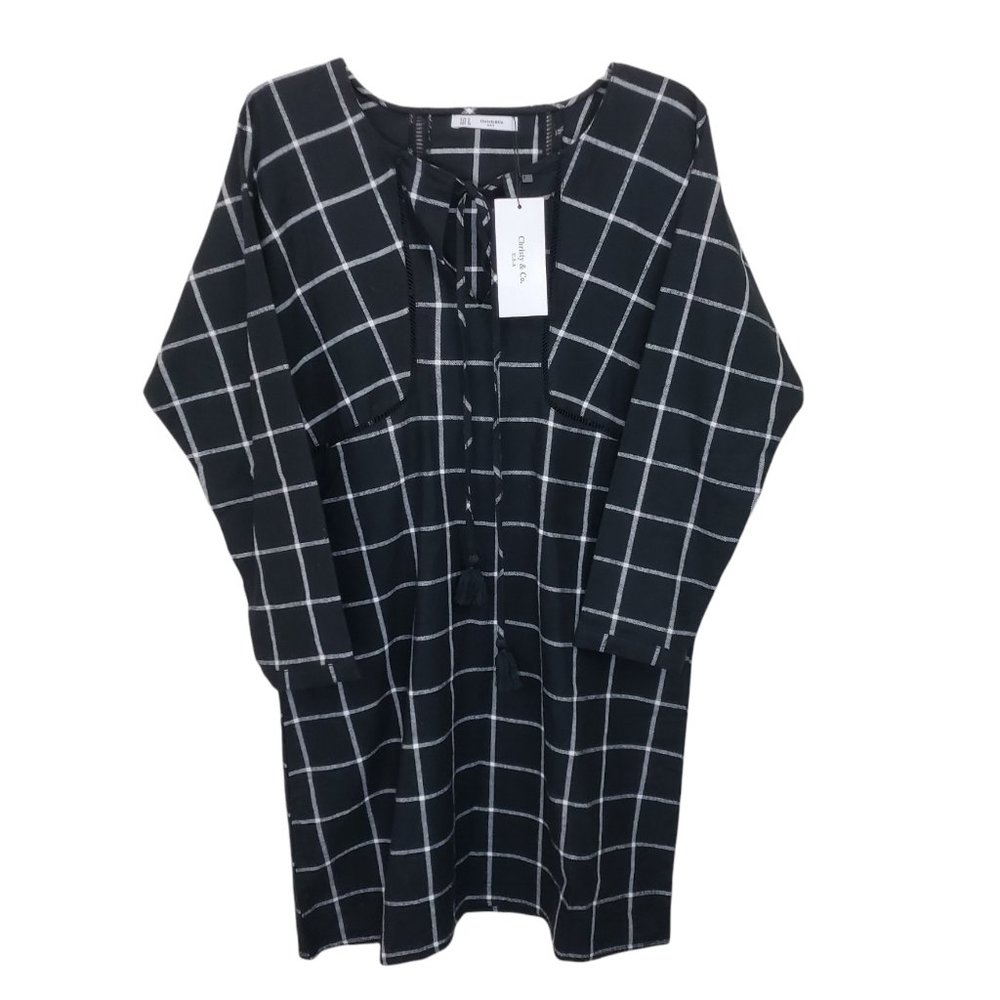 NWT Christy & Co Black/White Plaid Dolman Sleeve Pocketed Cutout Seam Midi Dress